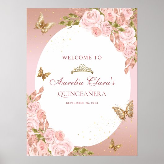 Floral Blush Pink Gold Tiara Butterfly Quinceañera Poster (Vorne)