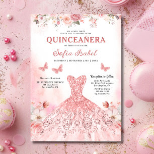Floral Blush Pink Zweisprachige Spanische Quincean Einladung