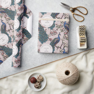Floral Blush Verlobung Pfauen Geschenkpapier