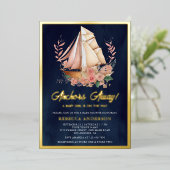 Floral Boat Nautical Girl Baby Dusche Navy Gold Folieneinladung (Stehend vorne)