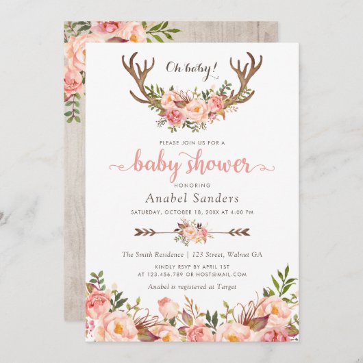 Floral Boho Antler Blush Chic Arrows Baby Dusche Einladung (Vorne/Hinten)