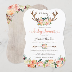 Floral Boho Antler Blush Peach Arrows Baby Einladung
