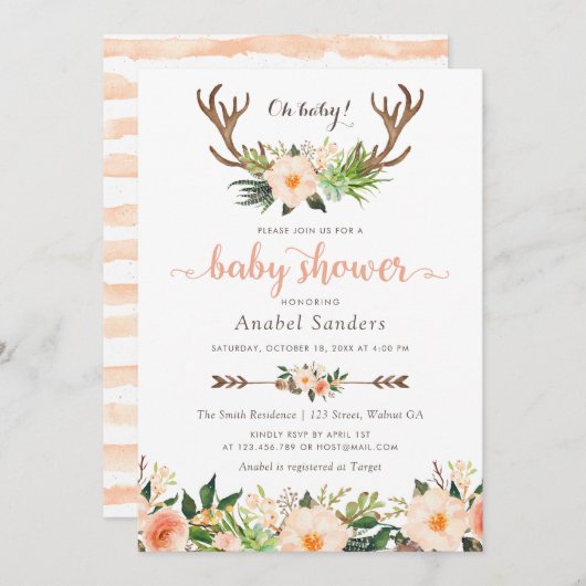 Floral Boho Antler Cactus Succulents Baby Shower Einladung (Vorne/Hinten)