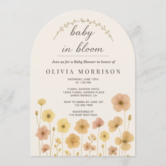 Floral Boho Baby In Bloom Baby Shower Einladung (Vorderseite)