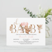 Floral Boho Bären Balloons Word Baby Dusche Einladung (Stehend Vorderseite)