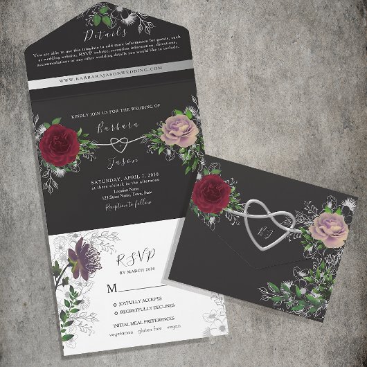 Floral Boho Black and White Wedding All In One Einladung