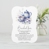 Floral Boho Blue Tee Pot Party Brautparty Einladung (Stehend Vorderseite)