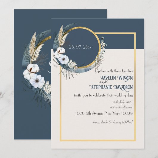 Floral Boho Blue Wedding Einladung (Vorne/Hinten)