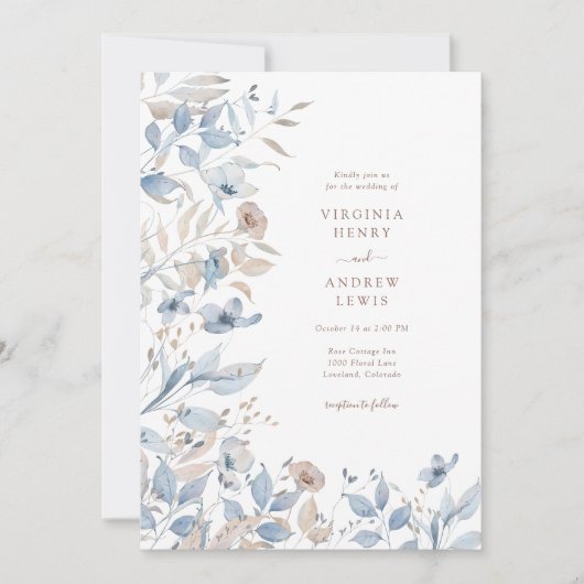 Floral Boho Blue Wedding Einladung (Vorderseite)