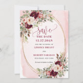 Floral Boho Burgundy Blush Gold Roses Save Date Einladung (Vorderseite)