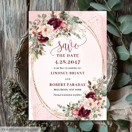 Floral Boho Burgundy Blush Gold Roses Save Date Einladung