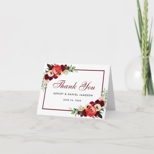 Floral Boho Burgundy Wedding Dankescharte Dankeskarte (Vorderseite)