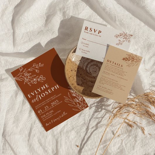 Floral Boho Burnt Orange Terracotta Herbal Wedding Einladung