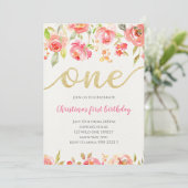 Floral Boho Calligraphy Baby Girl Erster Geburtsta Einladung (Stehend Vorderseite)