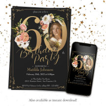 Floral Boho Custom Foto Black Gold 60. Geburtstag