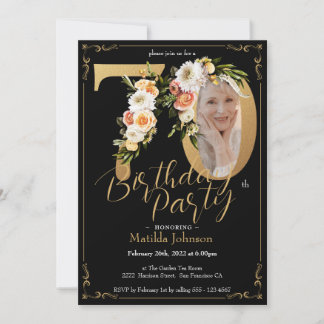 Floral Boho Custom Foto Black Gold 70. Geburtstag Einladung