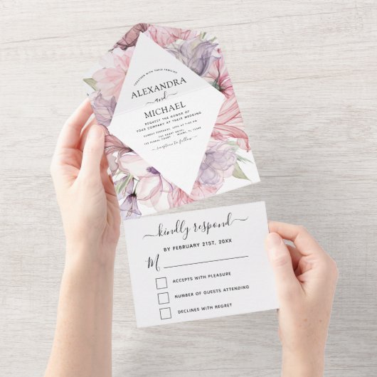 Floral Boho Dusty Pink Lila Wedding RSVP All In One Einladung (Abreißen)