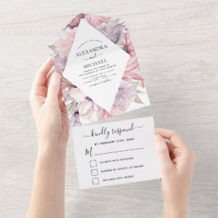 Floral Boho Dusty Pink Lila Wedding RSVP All In One Einladung