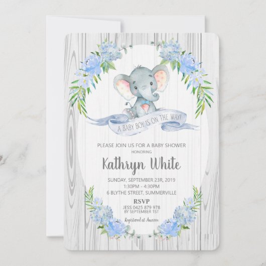 Floral Boho Elephant Baby Shower Einladung Junge (Vorderseite)