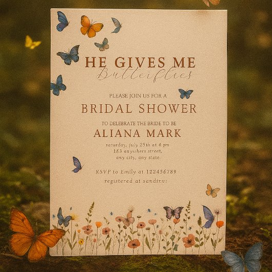 Floral Boho Er gibt mir Schmetterlinge Brautparty Einladung