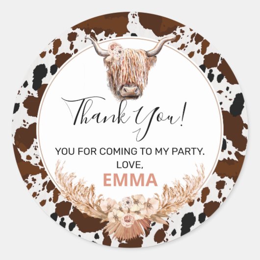 Floral Boho Highland Cow Birthday Favor Sticker (Vorderseite)