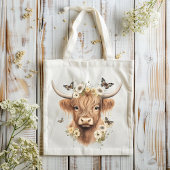 Floral Boho Highland Cow Butterfly Whimsical Tragetasche