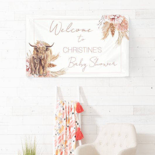 Floral Boho Kuh Calf Baby Dusche Begrüßungsbanner Banner (Insitu)