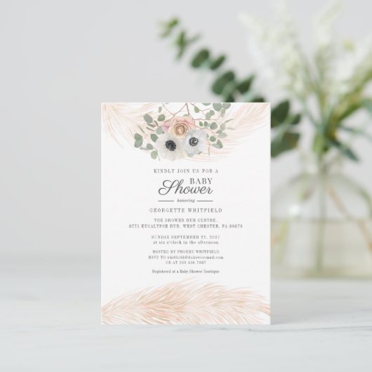 Floral Boho Pampas Grass Modern Girl Baby Dusche Einladungspostkarte (Stehend Vorderseite)