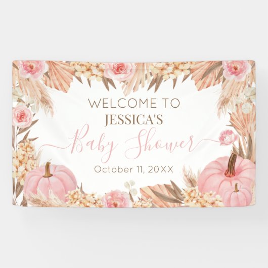 Floral Boho Pampas Pink Pumpkin baby shower Banner (Horizontal)