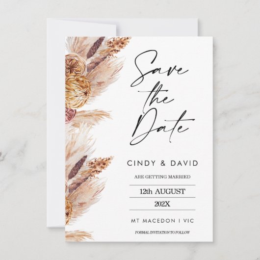 Floral Boho Pampas Wedding speichert die Datumskar Einladung (Vorderseite)