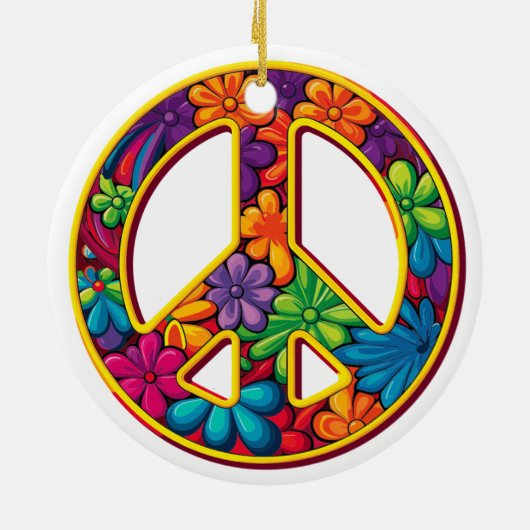 Floral Boho Peace Sign farbenfroh Keramik Ornament (Hinten)