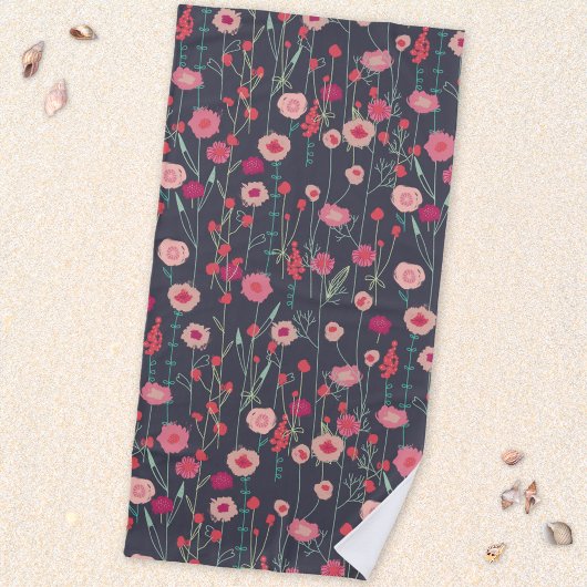 Floral Boho Pink Black Strandtuch