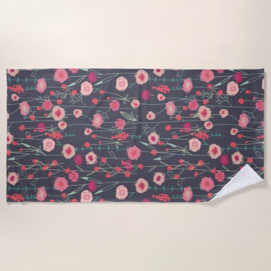 Floral Boho Pink Black Strandtuch (Vorderseite)