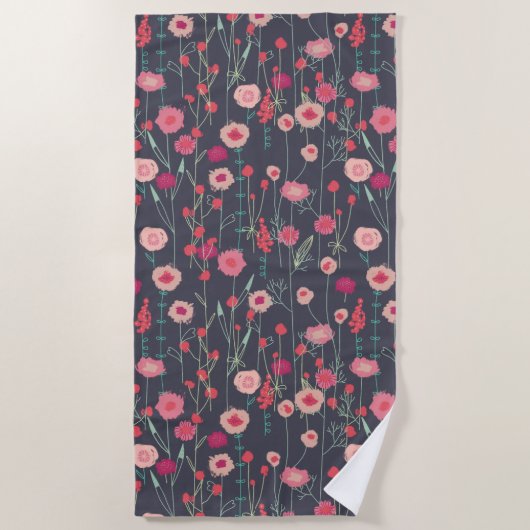 Floral Boho Pink Black Strandtuch (Vorderseite)