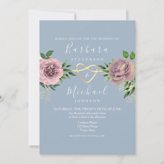 Floral Boho Pink und Dusty Blue Wedding Einladung (Vorderseite)