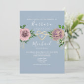Floral Boho Pink und Dusty Blue Wedding Einladung (Stehend Vorderseite)