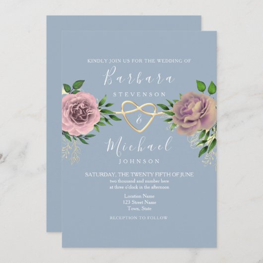 Floral Boho Pink und Dusty Blue Wedding Einladung (Vorne/Hinten)