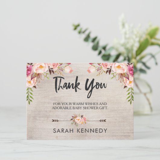 Floral Boho Rustic Baby Dusche Danke Karte (Stehend Vorderseite)