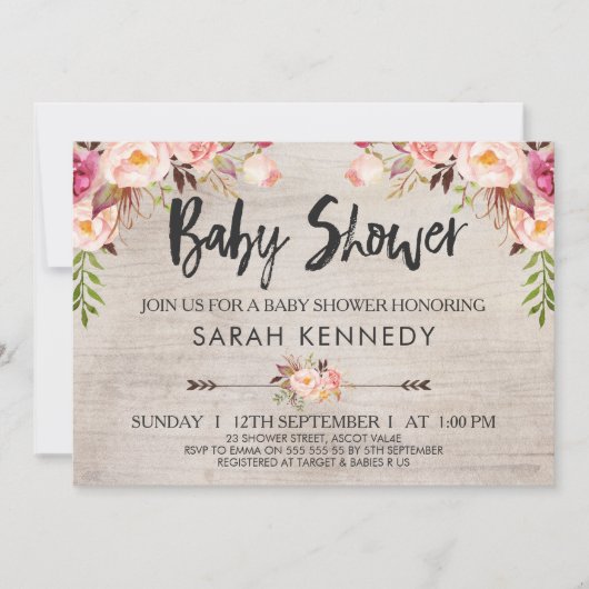 Floral Boho Rustic Baby Dusche Einladung (Vorderseite)