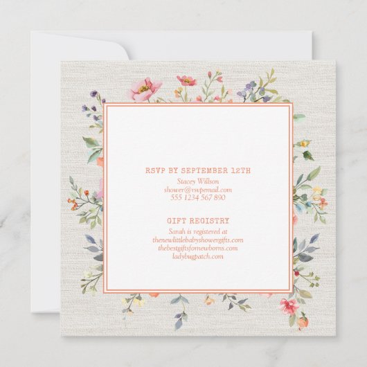 Floral Boho Rustic Botanical Square Babydusche Einladung (Rückseite)