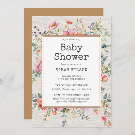 Floral Boho Rustic Chic Botanical Baby Dusche Einladung (Vorne/Hinten)