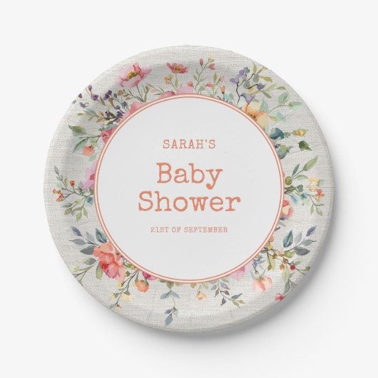 Floral Boho Rustic Chic Botanical Baby Dusche Pappteller (Vorderseite)