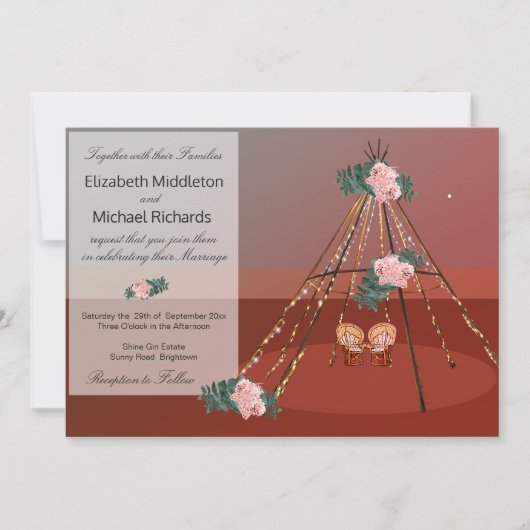 Floral Boho Rustische Wüstenpfeife / Tipi Wedding Einladung (Vorderseite)