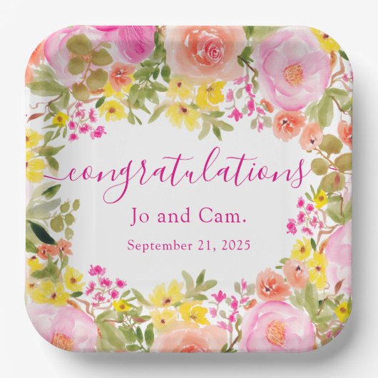 Floral Boho Spring Herzlichen Glückwunsch Brautpar Pappteller (Vorderseite)