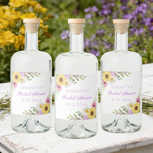 Floral Boho Sunflower Daisy Bridal Shower Alkoholflaschenetikett