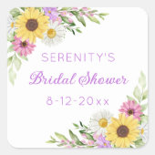 Floral Boho Sunflower Daisy Bridal Shower Quadratischer Aufkleber (Vorderseite)