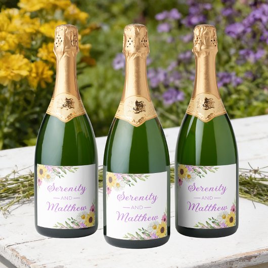 Floral Boho Sunflower Daisy Bridal Shower Schaumweinetikett