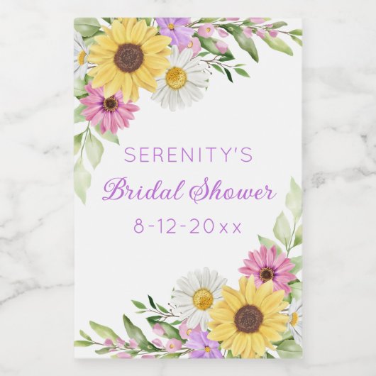 Floral Boho Sunflower Daisy Bridal Shower Weinetikett (Einzelnes Label)