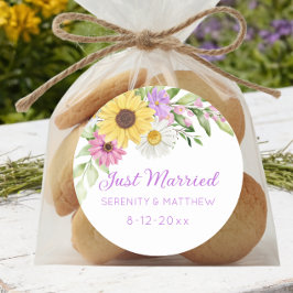 Floral Boho Sunflower Daisy Wedding Just Married Runder Aufkleber
