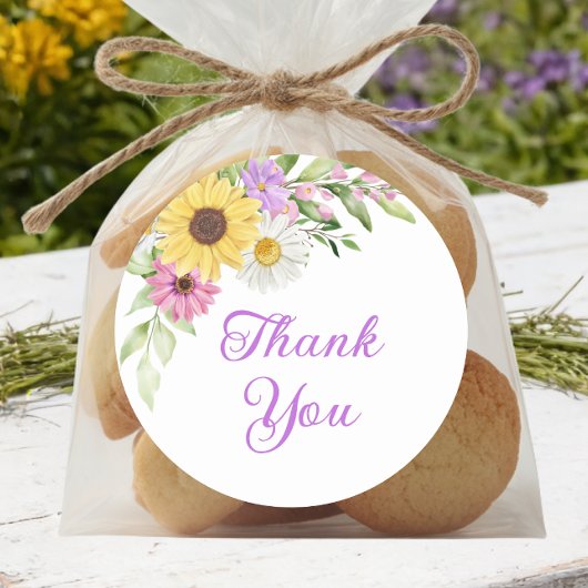 Floral Boho Sunflower Daisy Wedding Thank You Runder Aufkleber